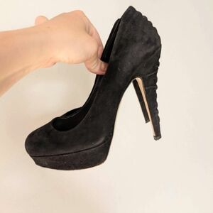Miu Miu Black Suede Pumps Ruched Heel, 6.5, Platform, 5" Heel Classic, Sexy